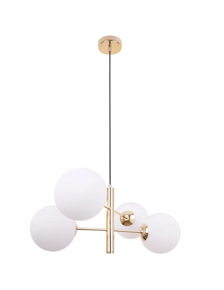 Lampa wisząca VICENZA w złotym, nowoczesnym stylu z 4 mlecznymi kloszami - idealna do eleganckich wnętrz