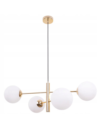 Lampa wisząca VICENZA w złotym, nowoczesnym stylu z 4 mlecznymi kloszami - idealna do eleganckich wnętrz