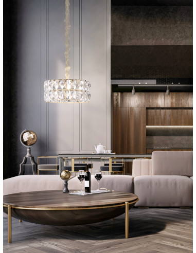 Lampa wisząca Intero Gold S z kryształami - elegancki żyrandol do jadalni i salonu