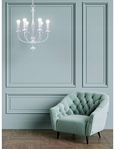 Luksusowy żyrandol Castella w kolorze białym, 6 świeczników - elegancka ozdoba do salonu i jadalni.