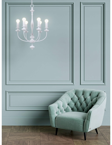 Luksusowy żyrandol Castella w kolorze białym, 6 świeczników - elegancka ozdoba do salonu i jadalni.