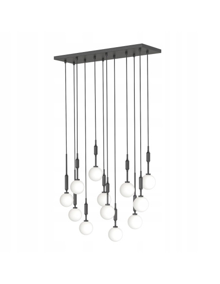 Żyrandol Ero XII Nero 80×25 z 14 kulami, nowoczesna lampa sufitowa do biura, jadalni i salonu, elegancja w designie.