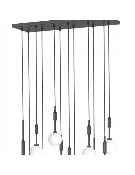 Żyrandol Ero XII Nero 80×25 z 14 kulami, nowoczesna lampa sufitowa do biura, jadalni i salonu, elegancja w designie.