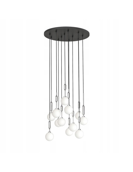 Lampa wisząca Ero XII Cromo 60 - nowoczesne oświetlenie z mlecznymi kuleczkami, 12 punktów świetlnych do każdego wnętrza