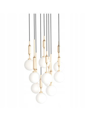 Lampa wisząca Ero X Gold 40 - elegancki żyrandol z 10 mlecznymi kulami, regulacja wysokości, nowoczesny design do wnętrz