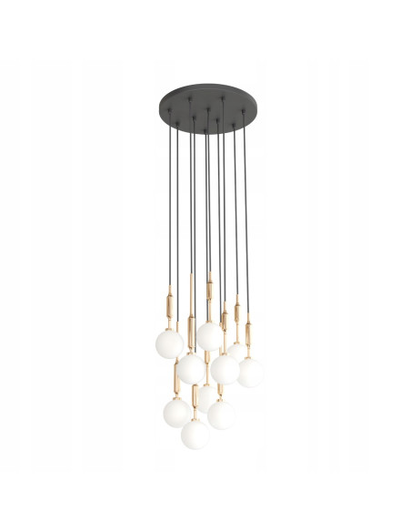 Lampa wisząca Ero X Gold 40 - elegancki żyrandol z 10 mlecznymi kulami, regulacja wysokości, nowoczesny design do wnętrz
