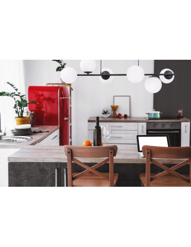 Lampa wisząca SIENA w eleganckiej czerni z 6 mlecznymi kloszami - Nowoczesne oświetlenie do jadalni i salonu