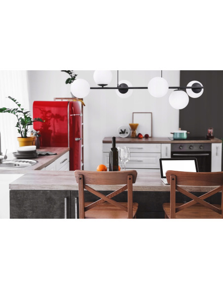 Lampa wisząca SIENA w eleganckiej czerni z 6 mlecznymi kloszami - Nowoczesne oświetlenie do jadalni i salonu