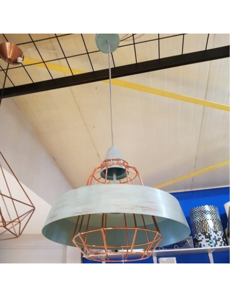 Lampa wisząca TAMARIS błękitna z miedzianymi detalami, 40 cm, stylowy dodatek do jadalni i przestrzeni publicznych