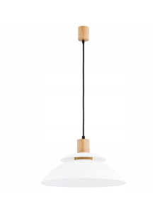 Lampa wisząca TROPIC skandynawska z drewnianym akcentem i białym kloszem do jadalni oraz nowoczesnych wnętrz