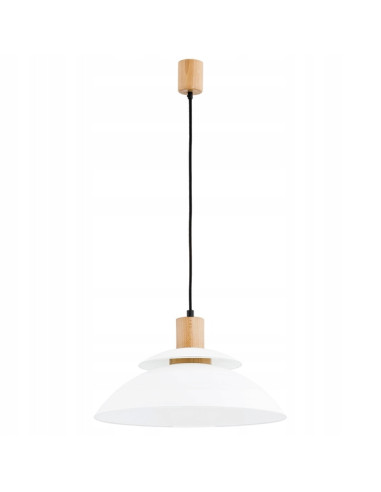 Lampa wisząca TROPIC skandynawska z drewnianym akcentem i białym kloszem do jadalni oraz nowoczesnych wnętrz