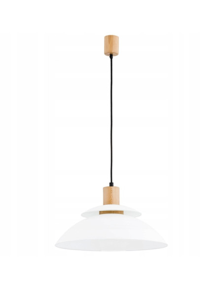 Lampa wisząca TROPIC skandynawska z drewnianym akcentem i białym kloszem do jadalni oraz nowoczesnych wnętrz