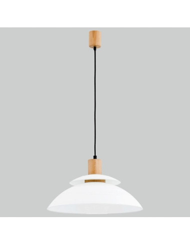 Lampa wisząca TROPIC skandynawska z drewnianym akcentem i białym kloszem do jadalni oraz nowoczesnych wnętrz