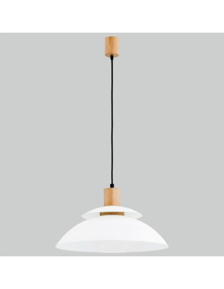 Lampa wisząca TROPIC skandynawska z drewnianym akcentem i białym kloszem do jadalni oraz nowoczesnych wnętrz