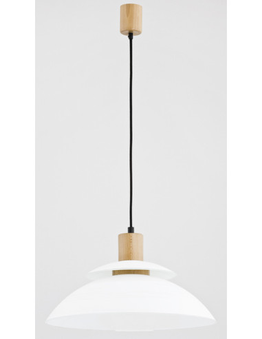 Lampa wisząca TROPIC skandynawska z drewnianym akcentem i białym kloszem do jadalni oraz nowoczesnych wnętrz