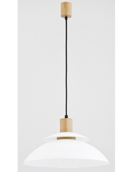 Lampa wisząca TROPIC skandynawska z drewnianym akcentem i białym kloszem do jadalni oraz nowoczesnych wnętrz