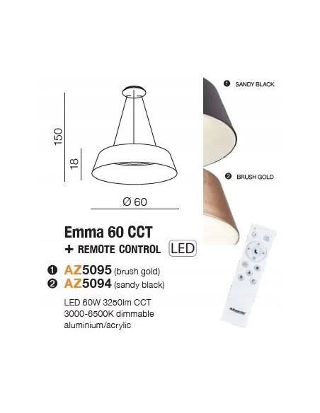 Lampa wisząca EMMA 60W z pilotem, regulowana barwa światła, nowoczesny design, czarna, idealna do biura i salonu