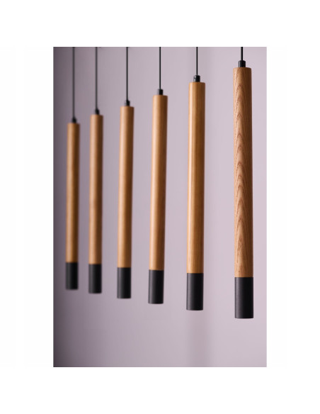Lampa wisząca Izolda 6 - Elegancka lampka z drewna i metalu, 6 punktów świetlnych w ciepłym białym świetle, 150x100 cm