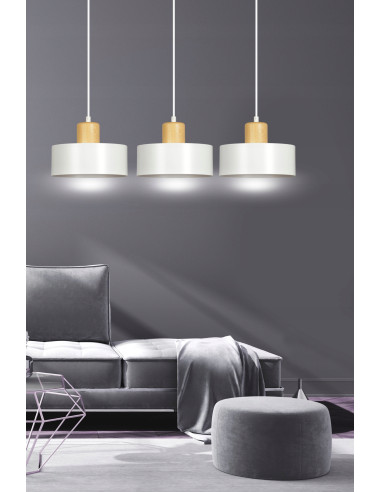 Lampa sufitowa TORIN z 3 białymi kloszami, minimalistyczny design do sypialni i biura, 100 cm wysokości.