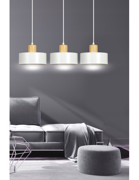Lampa sufitowa TORIN z 3 białymi kloszami, minimalistyczny design do sypialni i biura, 100 cm wysokości.