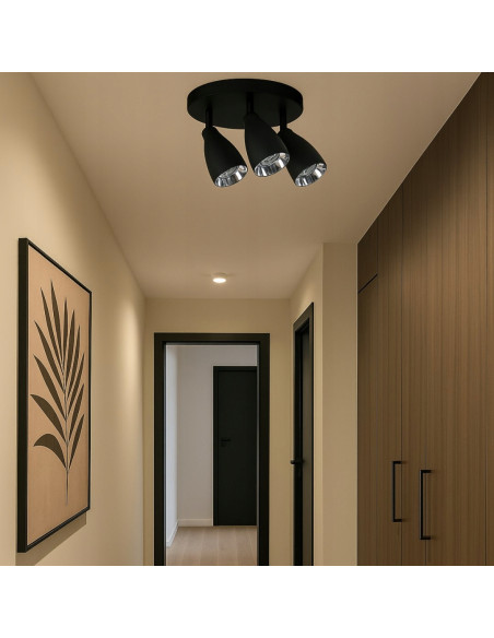 Nowoczesny plafon Campana 3 GU10 w czerni - eleganckie oświetlenie do salonu, kuchni i jadalni, energooszczędny design.