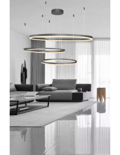 Nowoczesna lampa wisząca HALO AZzardo z trzema LED-owymi kołami, 11100 lumenów, ciepłe światło, czarna elegancja. 2