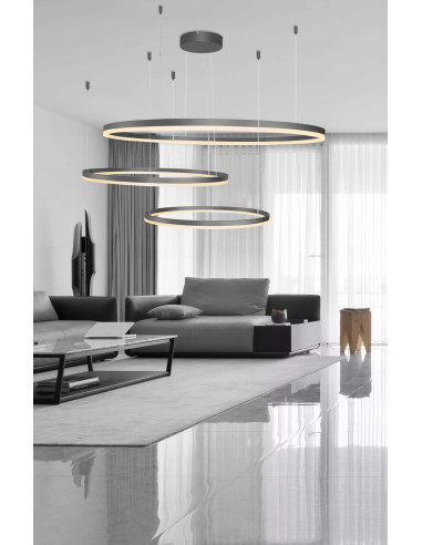 Nowoczesna lampa wisząca HALO AZzardo z trzema LED-owymi kołami, 11100 lumenów, ciepłe światło, czarna elegancja.