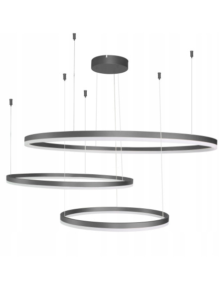 Nowoczesna lampa wisząca HALO AZzardo z trzema LED-owymi kołami, 11100 lumenów, ciepłe światło, czarna elegancja.