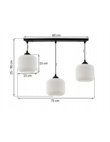 Lampa wisząca RIFFLE 3-punktowa glamour, regulowana, elegancka do salonu i jadalni, biała/czarna