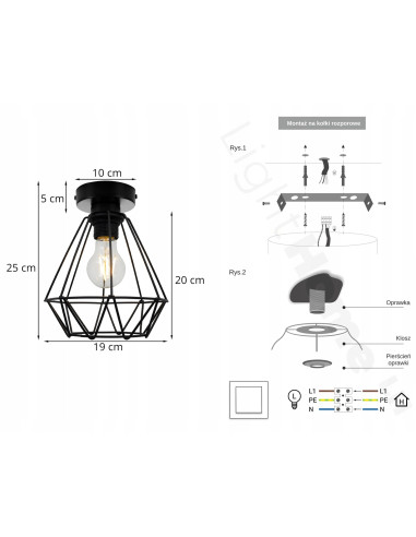 Lampa sufitowa EDISON w stylu loftowym, czarna metalowa, 1 punkt E27, idealna do biura i jadalni, 60W