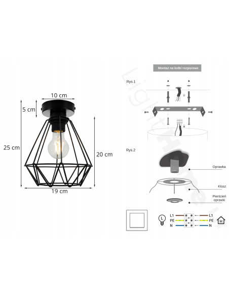 Lampa sufitowa EDISON w stylu loftowym, czarna metalowa, 1 punkt E27, idealna do biura i jadalni, 60W