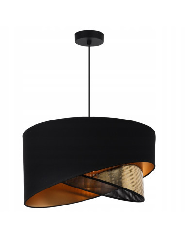 Elegancka lampa wisząca ASTI z krzyżującymi się kloszami w czerni i złocie do biura, salonu i jadalni