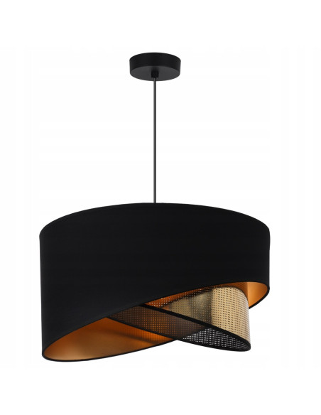 Elegancka lampa wisząca ASTI z krzyżującymi się kloszami w czerni i złocie do biura, salonu i jadalni