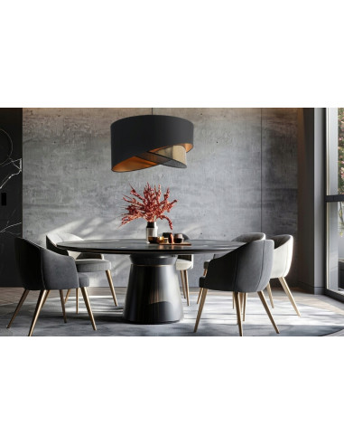 Elegancka lampa wisząca ASTI z krzyżującymi się kloszami w czerni i złocie do biura, salonu i jadalni