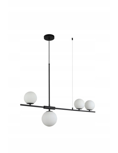 Nowoczesna czarna lampa belkowa z 4 białymi kloszami - eleganckie oświetlenie do salonu, jadalni i kuchni