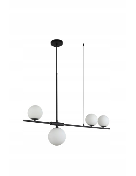 Nowoczesna czarna lampa belkowa z 4 białymi kloszami - eleganckie oświetlenie do salonu, jadalni i kuchni