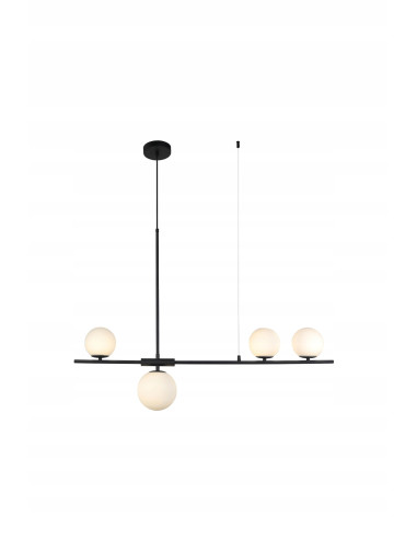 Nowoczesna czarna lampa belkowa z 4 białymi kloszami - eleganckie oświetlenie do salonu, jadalni i kuchni