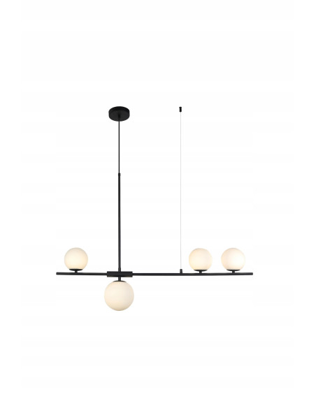 Nowoczesna czarna lampa belkowa z 4 białymi kloszami - eleganckie oświetlenie do salonu, jadalni i kuchni