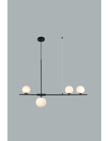 Nowoczesna czarna lampa belkowa z 4 białymi kloszami - eleganckie oświetlenie do salonu, jadalni i kuchni