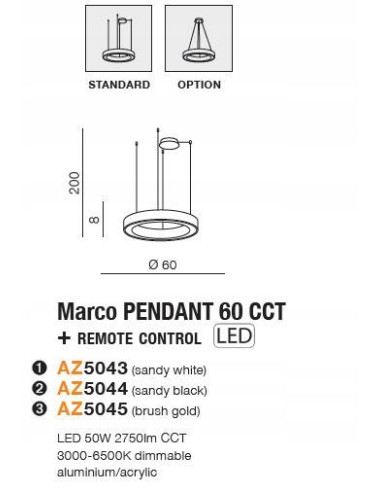 Nowoczesny zwis LED MARCO z regulacją barwy i natężenia światła, biały, 60 cm, pilot - idealny do każdego wnętrza.