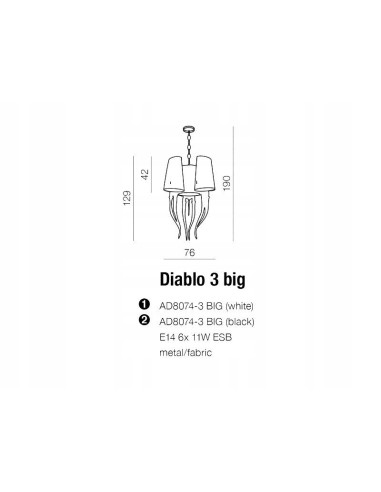 Lampa wisząca DIABLO E14, 6-punktowa, nowoczesna z materiałowymi kloszami, idealna do eleganckich wnętrz.