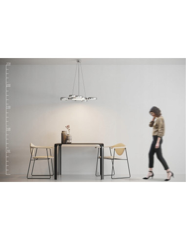 Lampa wisząca LED SATELLITE z chromowanymi okręgami - nowoczesne oświetlenie do salonu i jadalni, 120 cm wysokości
