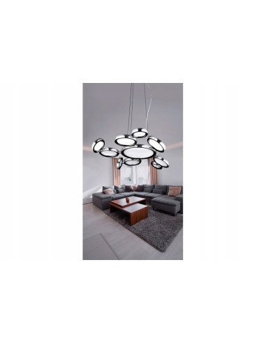 Lampa wisząca LED SATELLITE z chromowanymi okręgami - nowoczesne oświetlenie do salonu i jadalni, 120 cm wysokości