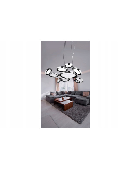 Lampa wisząca LED SATELLITE z chromowanymi okręgami - nowoczesne oświetlenie do salonu i jadalni, 120 cm wysokości
