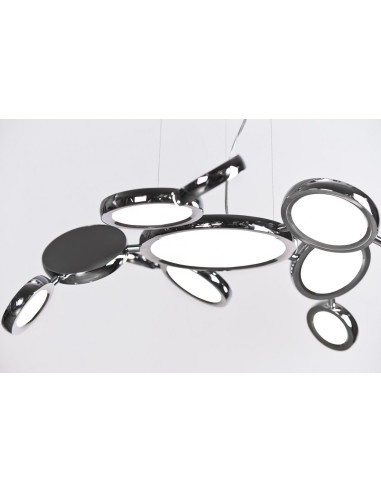 Lampa wisząca LED SATELLITE z chromowanymi okręgami - nowoczesne oświetlenie do salonu i jadalni, 120 cm wysokości