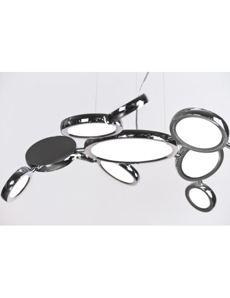 Lampa wisząca LED SATELLITE z chromowanymi okręgami - nowoczesne oświetlenie do salonu i jadalni, 120 cm wysokości