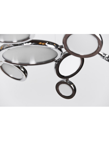 Lampa wisząca LED SATELLITE z chromowanymi okręgami - nowoczesne oświetlenie do salonu i jadalni, 120 cm wysokości