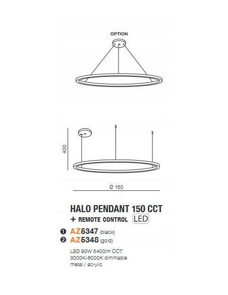 Nowoczesna czarna lampa wisząca HALO PENDANT 150 cm z pilotem i regulacją barwy światła do jadalni i kuchni