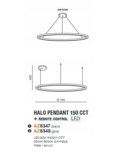 Lampa wisząca HALO 150 cm CCT - nowoczesne, złote oświetlenie LED z regulacją barwy i pilotem, idealne do salonu i sypialni.