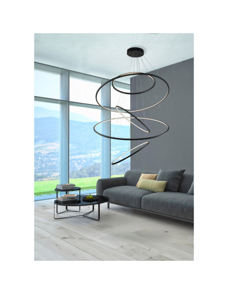 Żyrandol WHEEL XXL - Nowoczesna lampa LED do wnętrz o wysokich sufitach, czarny metal, ciepłe światło